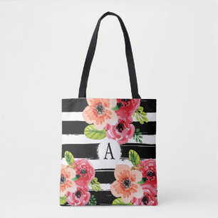 Bolsa Tote O branco preto floral de Monogramed listra a