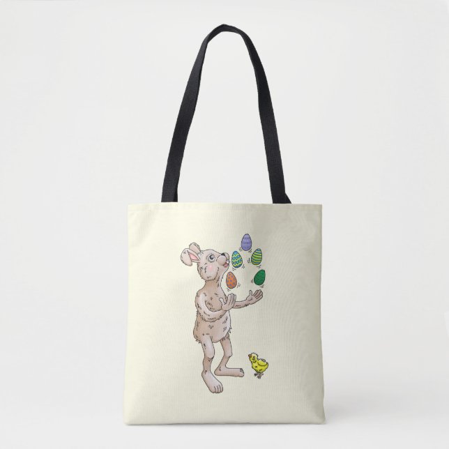 Bolsa Tote O coelho da Páscoa faz malabarismo com os ovos da  (Frente)