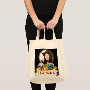 Bolsa Tote O crânio da foto do Halloween e Jack o'Lantern