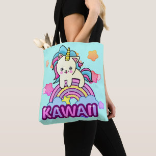 Bolsa Tote O Gato do Ultimate Cute Unicorn Kawaii no Arco-Íri