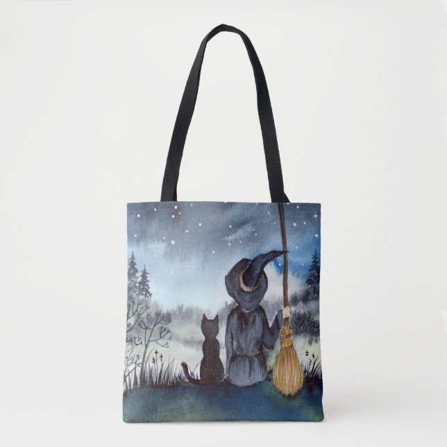 Bolsa Tote O Gato Negro do Halloween e a Bruxa Noite Estrelad (Frente)