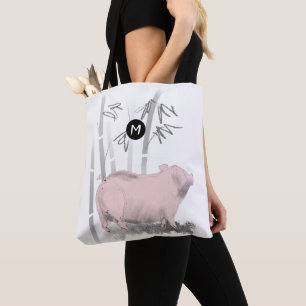 Bolsa Tote O monograma de bambu do porco cor-de-rosa original