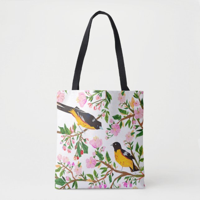 Bolsa Tote O padrão é com pássaros e flores. É creat (Frente)
