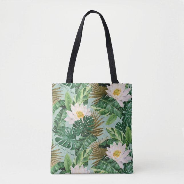 Bolsa Tote O padrão tropical de copia do Lotus branco (Frente)