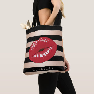 Bolsa Tote o preto cor-de-rosa do ouro dos lábios vermelhos