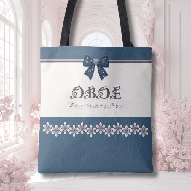 Bolsa Tote Oboé com Laço Coquette Floral Índigo El (Stylish indigo floral oboe tote bag, perfect for teen girls carrying music accessories.)