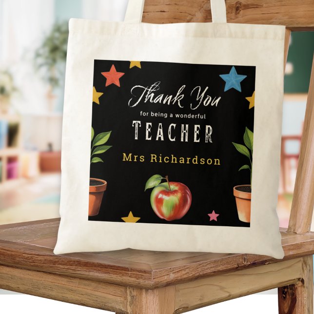 Bolsa Tote Obrigado Professor Quadro Negro Maçã Personalizado (A personalized tote bag with message 'Thank you for being a wonderful teacher' in a chalkboard style)