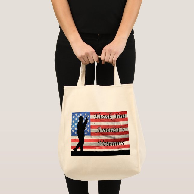 Bolsa Tote Obrigado Veteranos Americanos com Bandeira e Solda (Frente (produto))