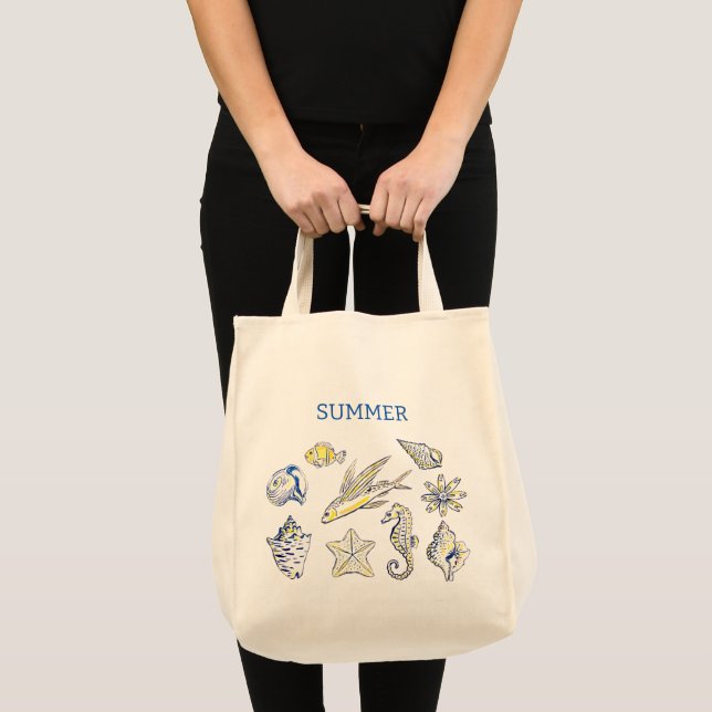 Bolsa Tote Ocean creatures blue and yellow (Frente (produto))