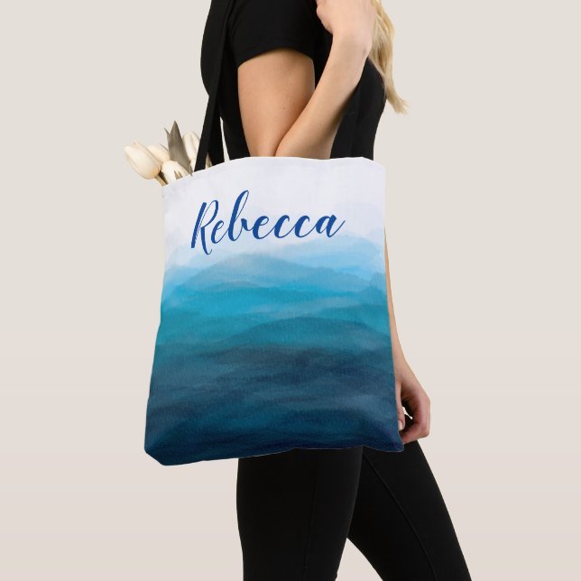 Bolsa Tote Ocean Waves Beach Watercolor Tob Bag, Turquoise (Close Up)
