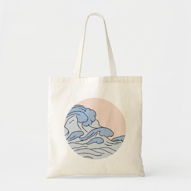 Bolsa Tote Oceano Azul, Rosa, Onda Estética Com Praia (Frente)