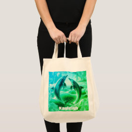 Bolsa Tote Oceano de golfinhos azul e verde monograma |