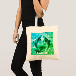 Bolsa Tote Oceano de golfinhos azul e verde monograma |