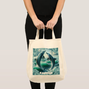 Bolsa Tote Oceano de golfinhos-de-coleira azul monograma