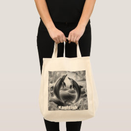 Bolsa Tote Oceano de golfinhos preto e branco monograma |