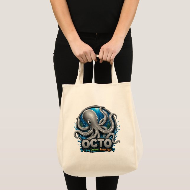 Bolsa Tote Octo Polvo – Continue Curioso. Alcançar Longe. (Frente (produto))