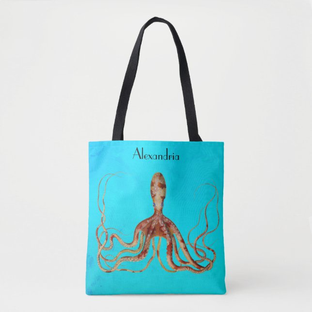 Bolsa Tote Octopus com Tentáculos Longos em Fundo Azul (Frente)