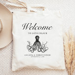 Bolsa Tote Octopus de boas-vindas ao Casamento de Destino do<br><div class="desc">Este hotel de casamento de destino aquário ou bolsa de favores apresenta uma ilustração antiga de um polvo sob a palavra "bem-vindo" em um roteiro elegante. Personalize-o com o local do casamento,  os nomes da noiva e do noivo,  e a data do casamento.</div>