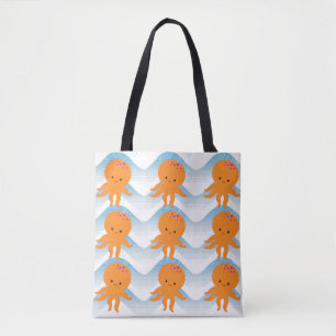 Bolsa Tote Octopus Laranja E Padrão De Ondas Azuis