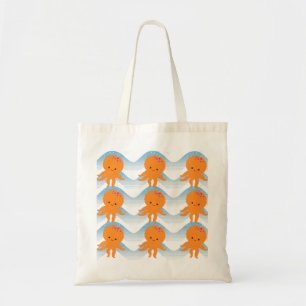 Bolsa Tote Octopus Laranja E Padrão De Ondas Azuis