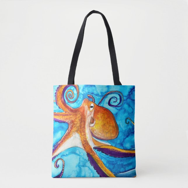 Bolsa Tote Octopus watercolor sob a arte do mar (Frente)