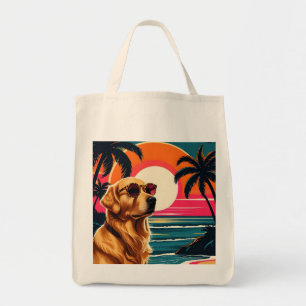 Bolsa Tote Óculos de Sol de Cachorro Retro Praia do Pôr do So