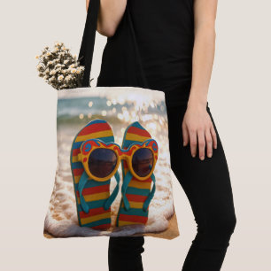 Bolsa Tote Óculos de sol funky em chinelos na surf do oceano