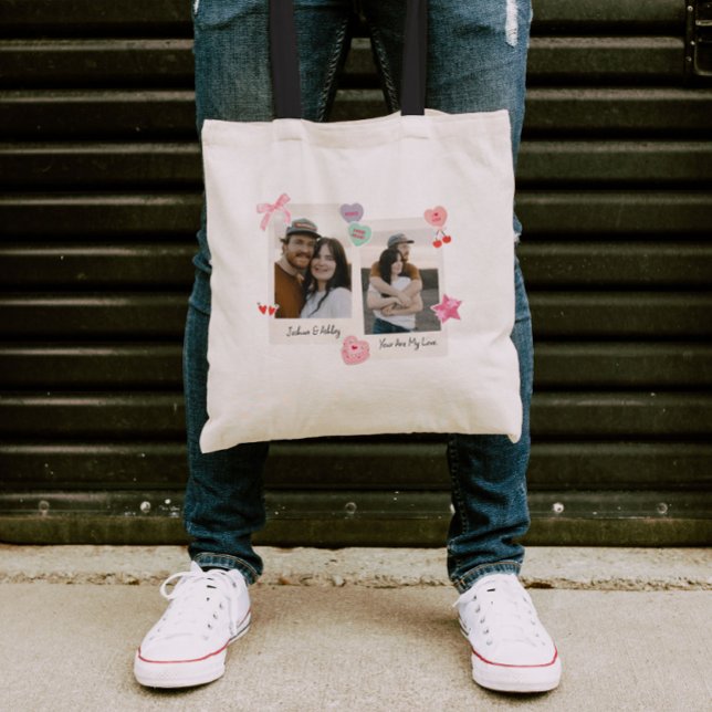 Bolsa Tote Oferta de texto e fotos personalizadas do Casal em (Criador carregado)