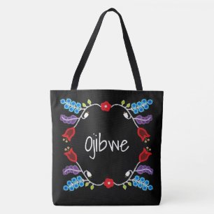 Bolsa Tote Ojibwe Floral Motif Black