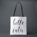 Bolsa Tote Olá, Bolinhas de Caligrafia Moderna Negra<br><div class="desc">Na moda e saco de tota moderno com caligrafia moderna e padrão de bolinhas. Esta bolsa de tote motivacional será perfeita como presente. Olá,  querida!</div>