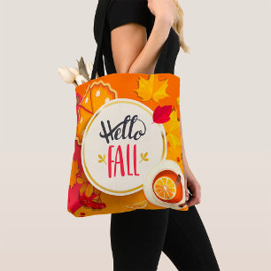 Bolsa Tote Olá, Folhas de outono e Pizza de Abóbora