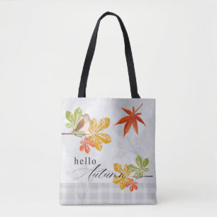 Bolsa Tote Olá outono com aves e folhas de outono