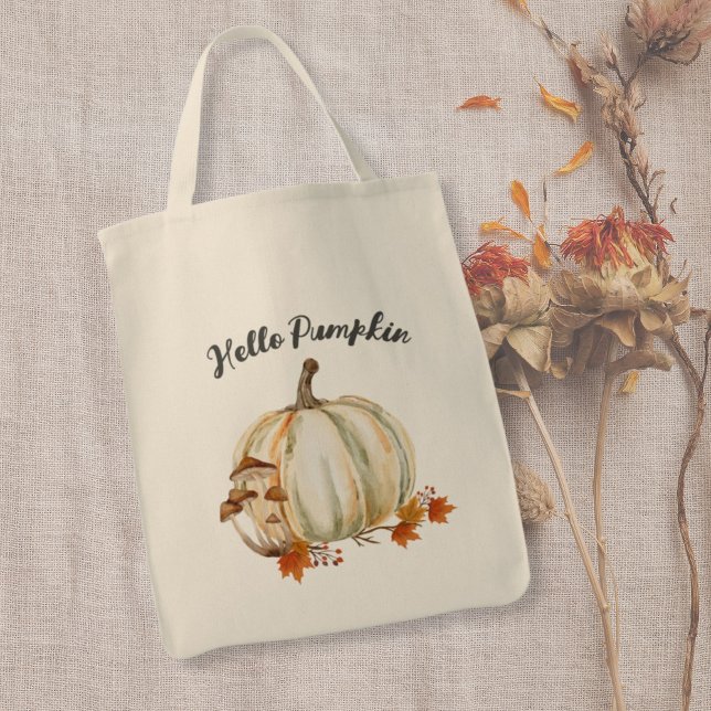 Bolsa Tote Olá, Pumpkin Mushroom Cozy Fall Folhas (hello pumpkin cosy fall tote bag)