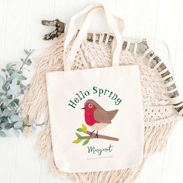 Bolsa Tote Olá, Retrô Personalizado Robin Cute Bird (The uplifting message "Hello Spring" appears in retro whimsical typography on this spring tote bag.)