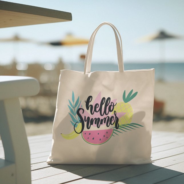 Bolsa Tote Olá Summer com Flamingo Tropical Tote Bag (hello summer, beach tote bag, vacation tote bag, school tote bag, colorful typography, gift for her)