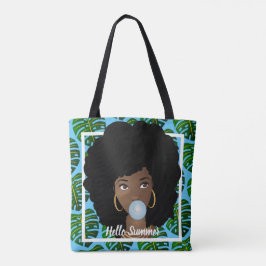Bolsa Tote Olá Summer, mulher negra, folhas tropicais, azul