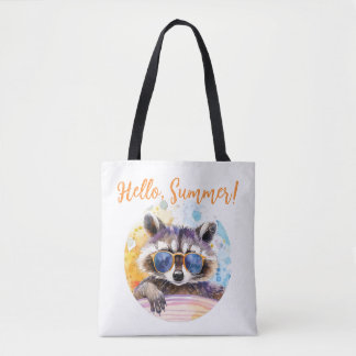 Bolsa Tote Olá Summer Raccoon em óculos de sol Watercolor
