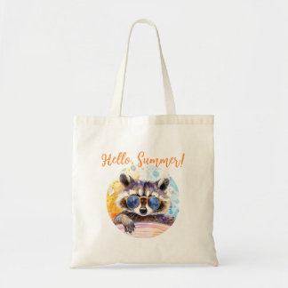 Bolsa Tote Olá Summer Raccoon em óculos de sol Watercolor