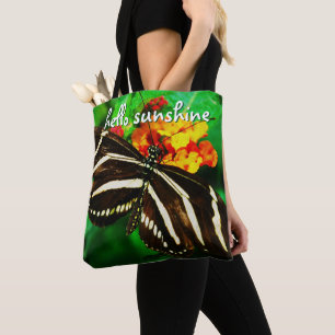 Bolsa Tote Olá Sunshine Black White Strips Butterfly Foto