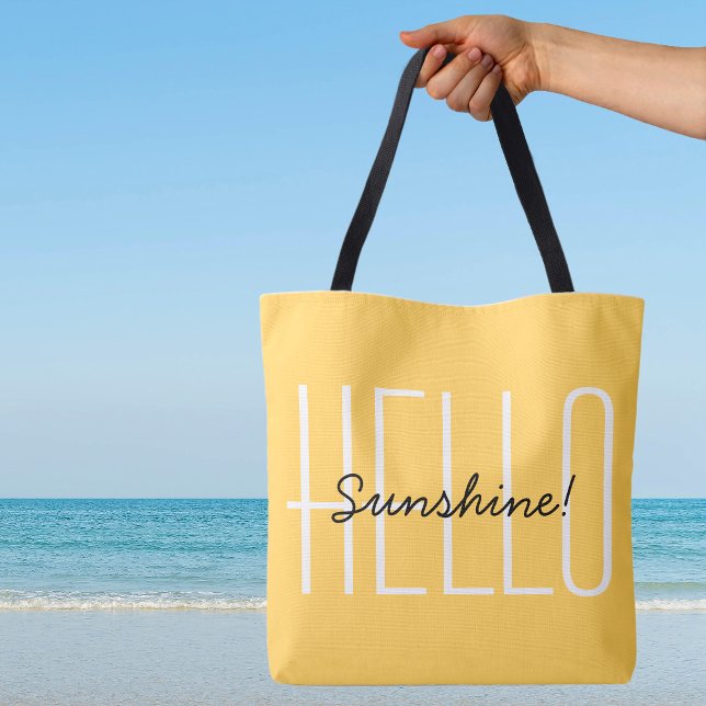 Bolsa Tote Olá Texto Preto Amarelo Amarelo Sunshine Typografi (Cute Hello Sunshine Bright Yellow Black Text Modern Typography Canvas Shopping Beach Travel Tote Bag)