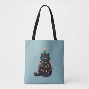 Bolsa Tote Óleo em tela de árvore de Natal com gato preto alt