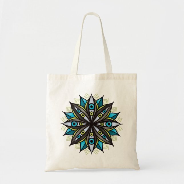 Bolsa Tote Olhos Estranhos, Mandala Art - Azul-Flor Trippy Ve (Frente)