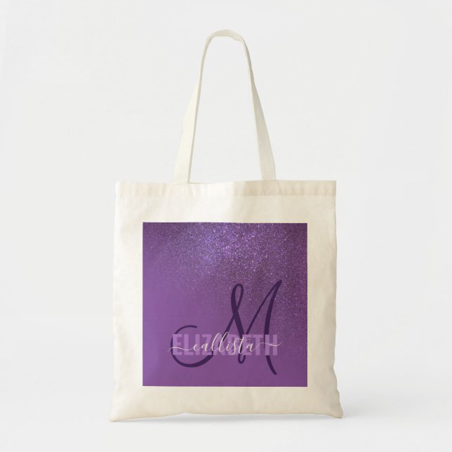 Bolsa Tote Ombre de gradiente de brilho violeta violeta diago (Frente)