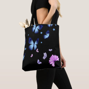 Bolsa Tote Ombro Floral Azul Borboleta da Meia-Noi