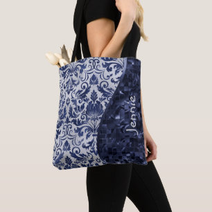 Bolsa Tote Onda de Grelha de Cor damasco Azul com Glitter Per