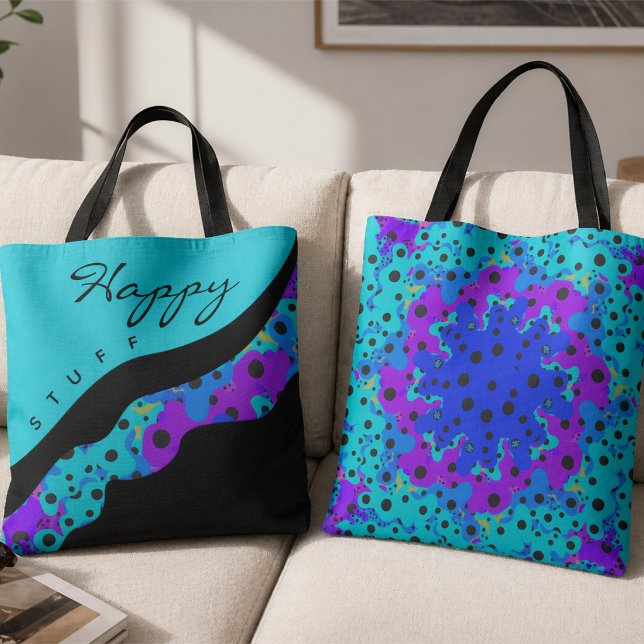 Bolsa Tote Onda Preta e Roxa Teal Moderna (Teal, purple and blue with black dots and custom words make this bag fun to carry around anywhere.)