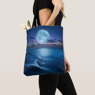 Bolsa Tote Ondas do Oceano ao Luar com Lua Cheia