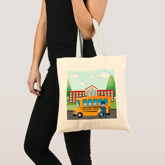 Bolsa Tote Ônibus Escolar Amarelo com Motorista e Prédio Esco (Criador carregado)