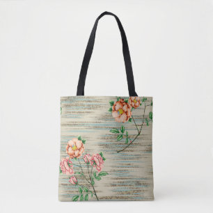 Bolsa Tote Orange and pink vintage flowers with green leaves 