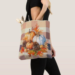 Bolsa Tote Orange and White Pumpkins Xadrez Brown Halloween